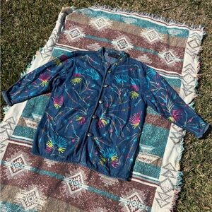 new directions 90’s Navy Denim Jacket with Multicolor Floral Embroidery